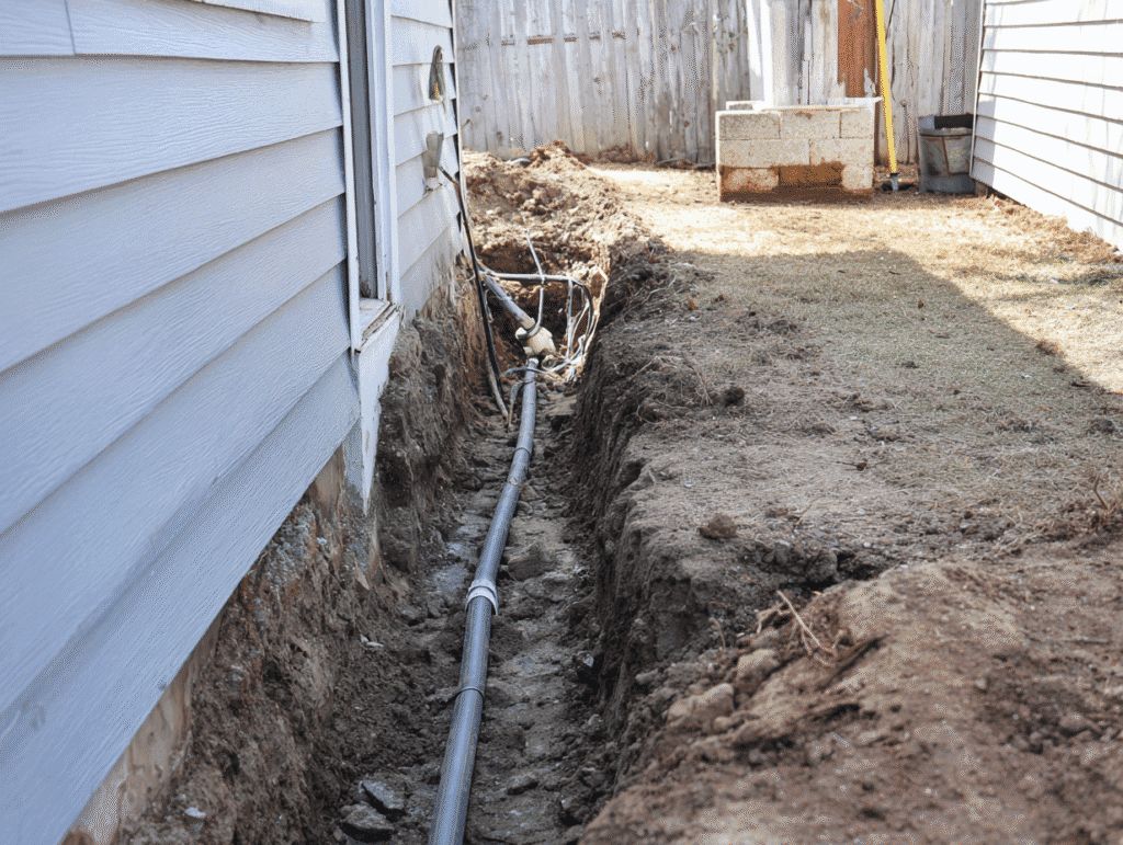 Close-up photo of underground electrical conduit being placed into a trench between a house and a shed