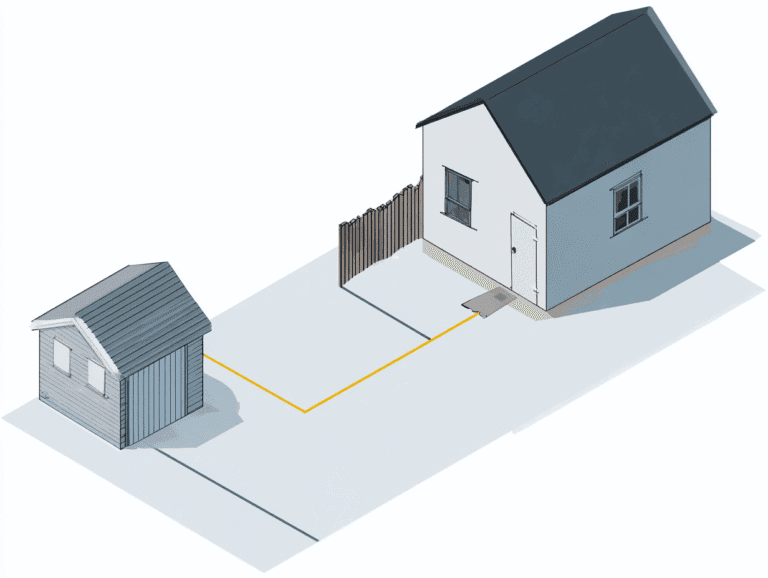 Diagram-style image showing the layout of an electrical circuit running from a house to a detached shed