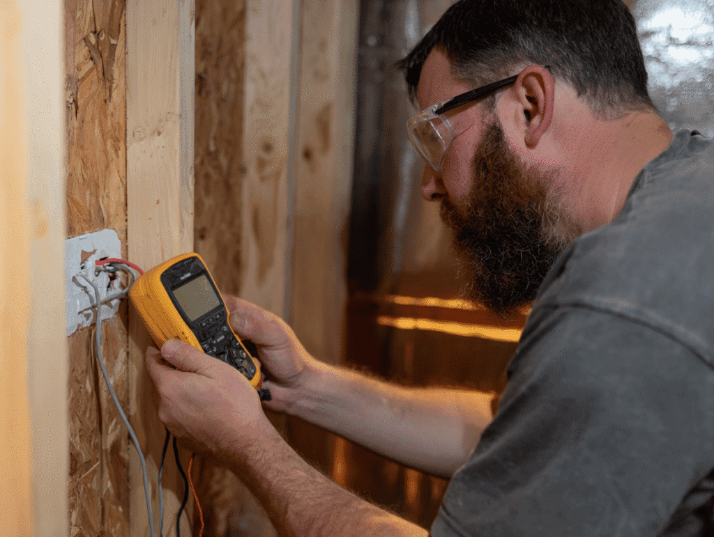 Electrician using a multimeter to test a newly wired outlet inside a small shed