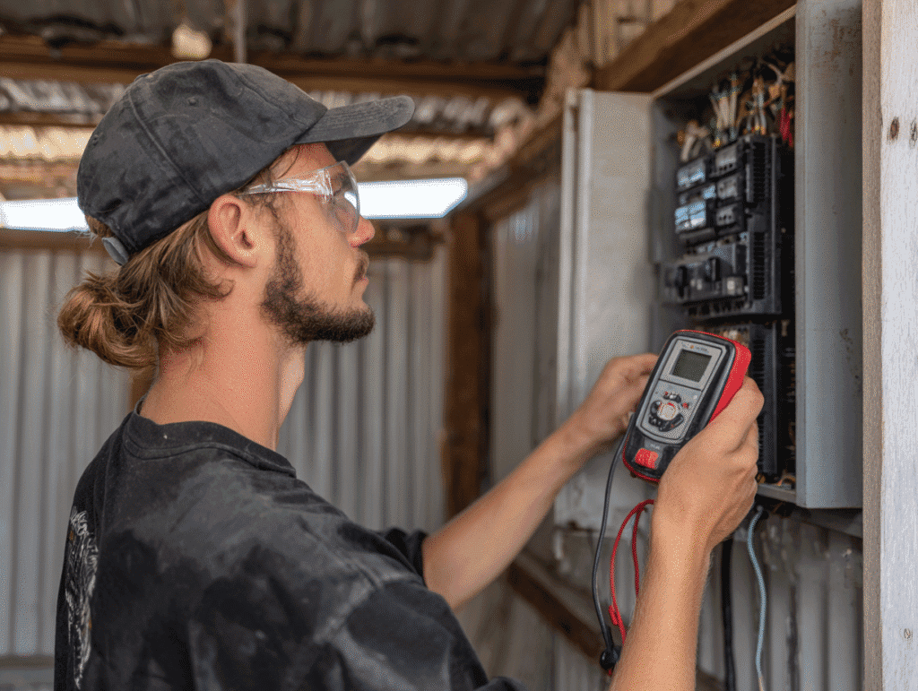 Licensed electrician checking an electrical panel inside a shed, holding a voltage tester